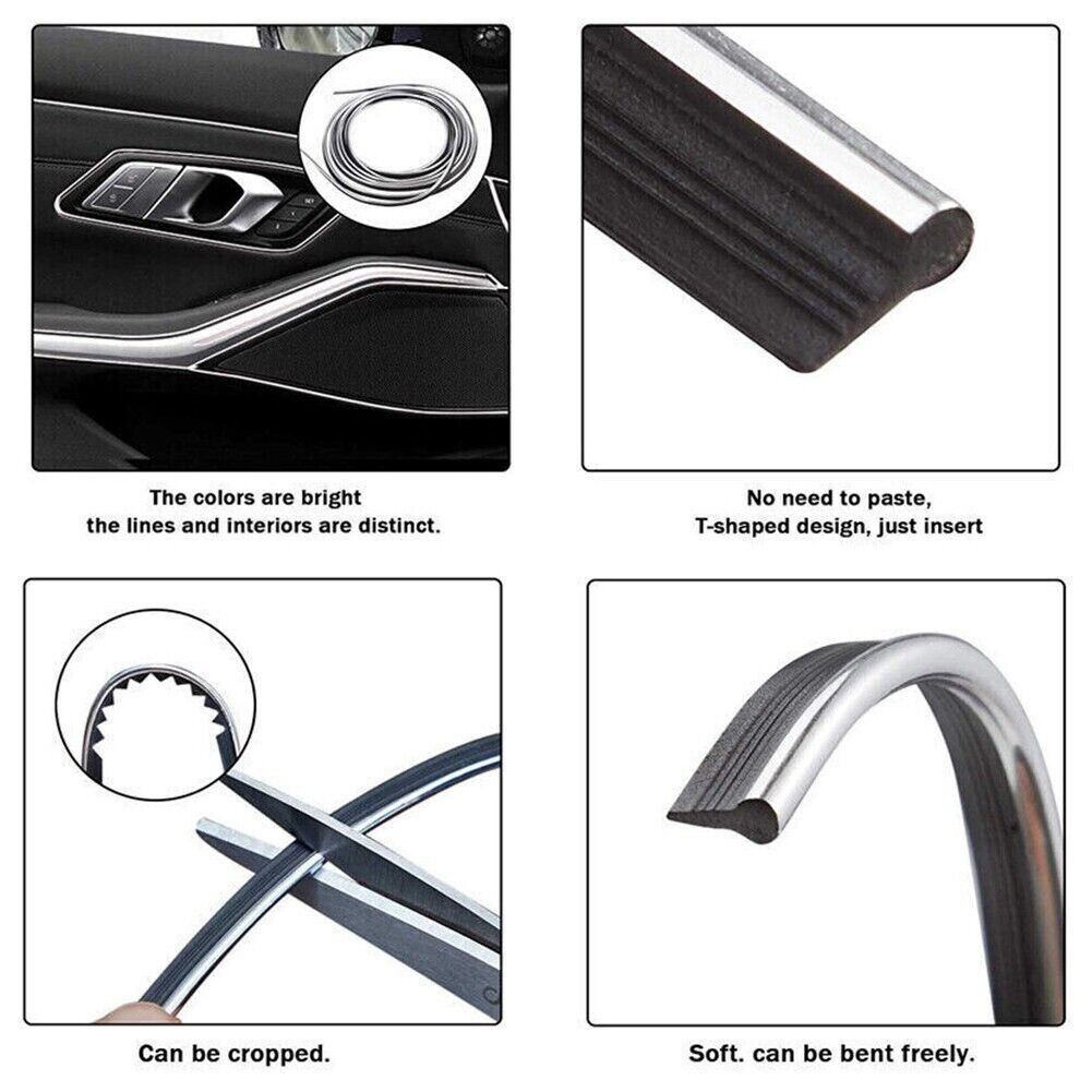 Chrome Car Interior Decorative Door Edge Line Moldings Trim Strip Accessories 5M