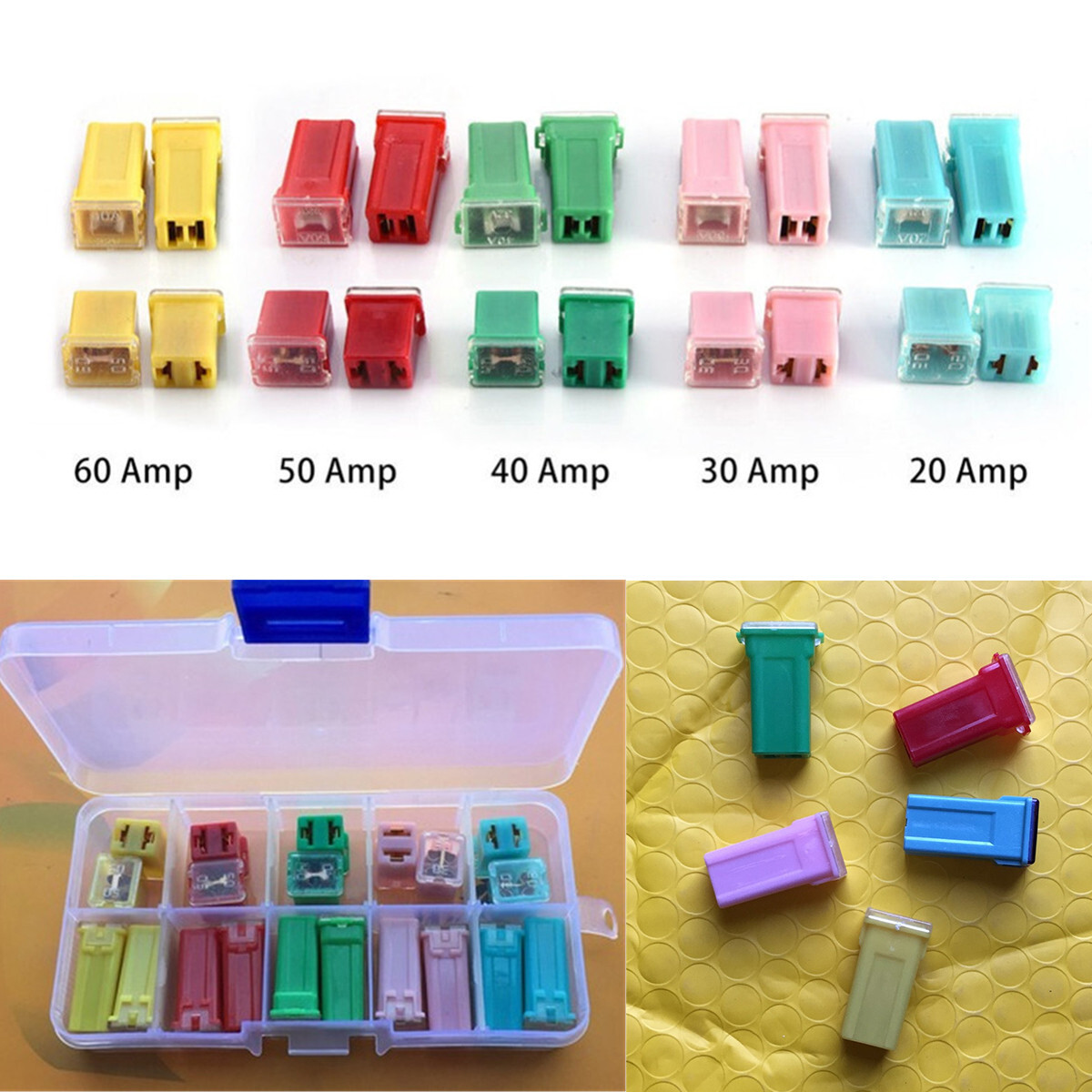 Automotive Mini Square Fuse Assortment Kit 20A 30A 40A 50A 60A AMP W/Box For Car