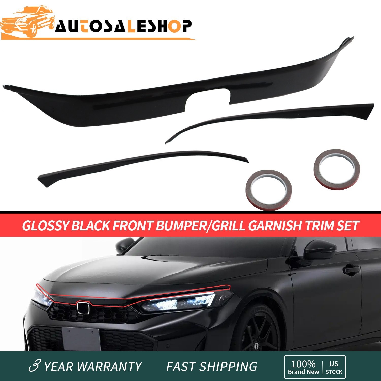 For 2022 2023 2024 Honda Civic Gloss Black Front Bumper Grill Trim Cover Garnish