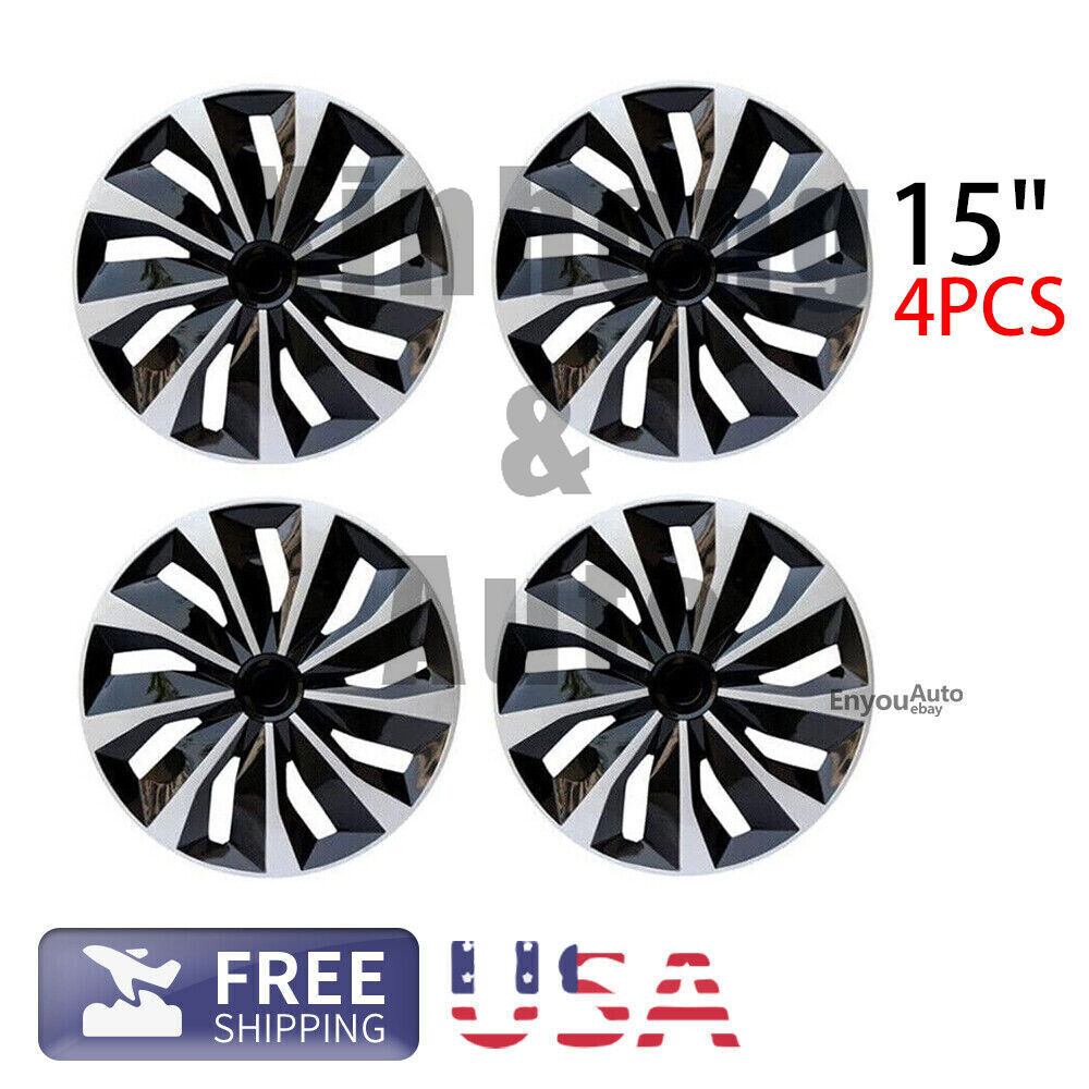 15″ 4pcs Wheel Covers Full Rim Snap On Hubcaps for R15 Tire & Steel Black&Sliver