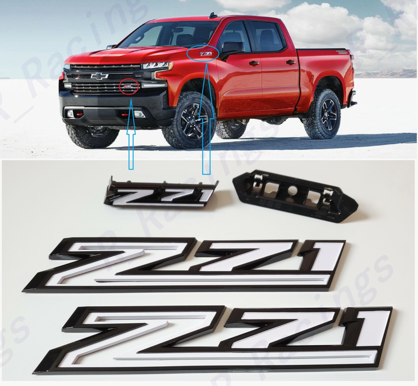 2019-2021 Chevrolet Silverado 1500 Z71 Grille & Fender Emblem Gloss Black White
