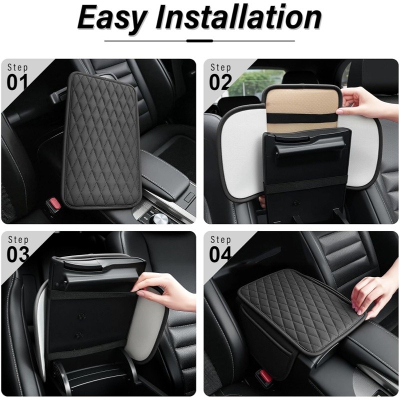Car Center Console Cover with 2 Storage Bags PU Leather Armrest Cover Waterproof