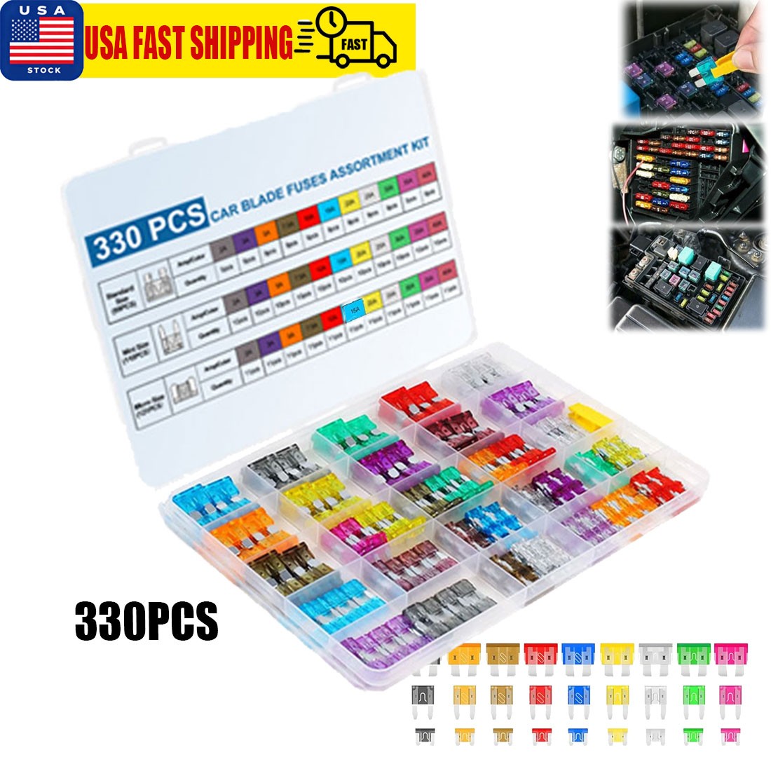 330Pcs Universal Car Blade Fuses Assortment Kit Standard Mini & Low Profile Fuse