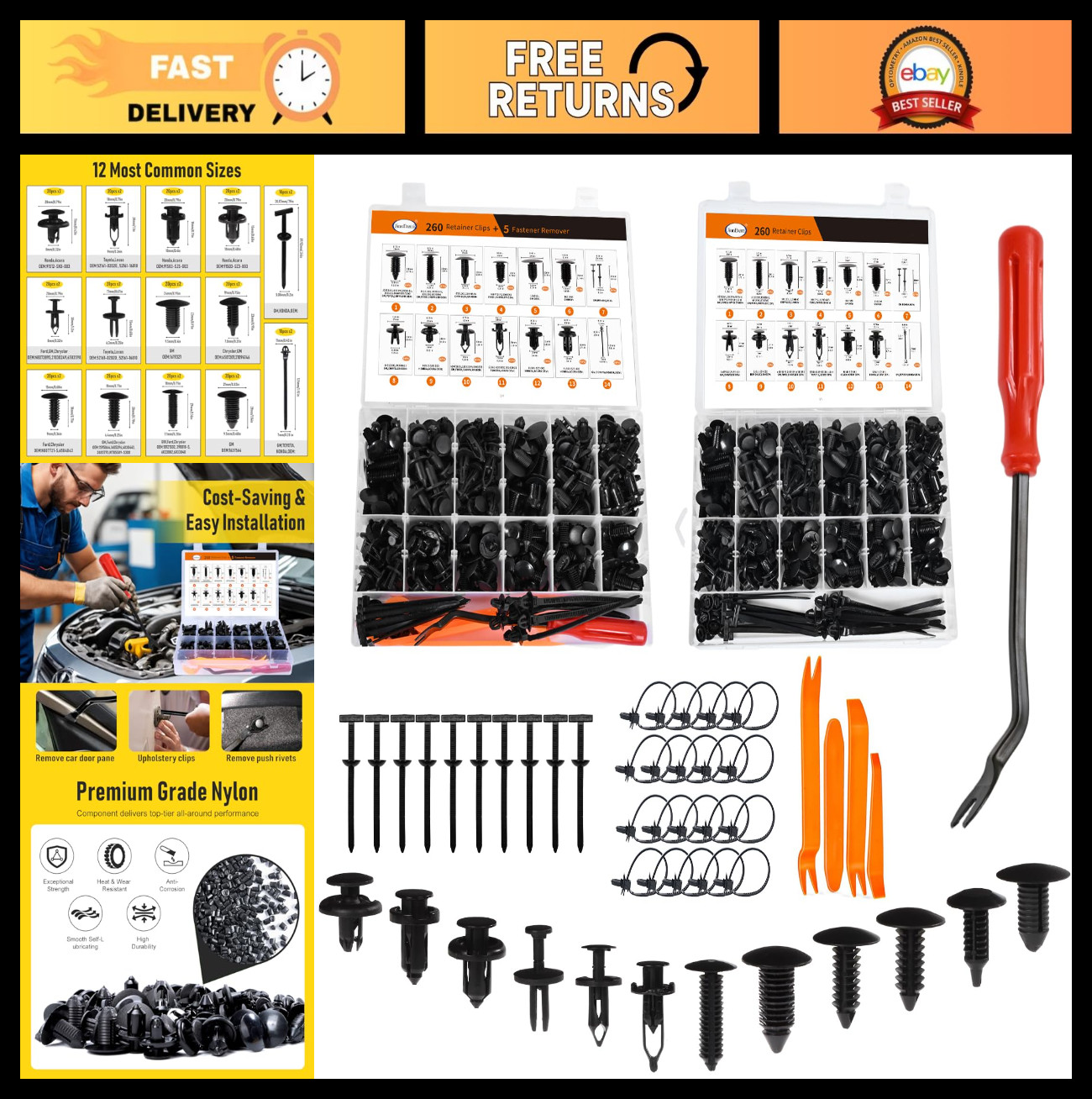 260PCS Car Bumper Retainer Clips Kit – Auto Plastic Rivets & Push Fasteners, Doo