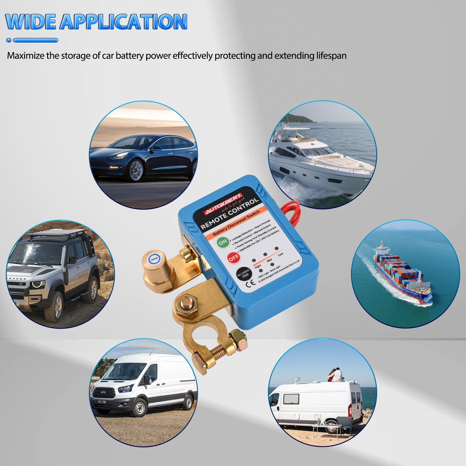 12V 250A Kill Switch Automatic Power Shut Off Switch Remote Battery Disconnect;