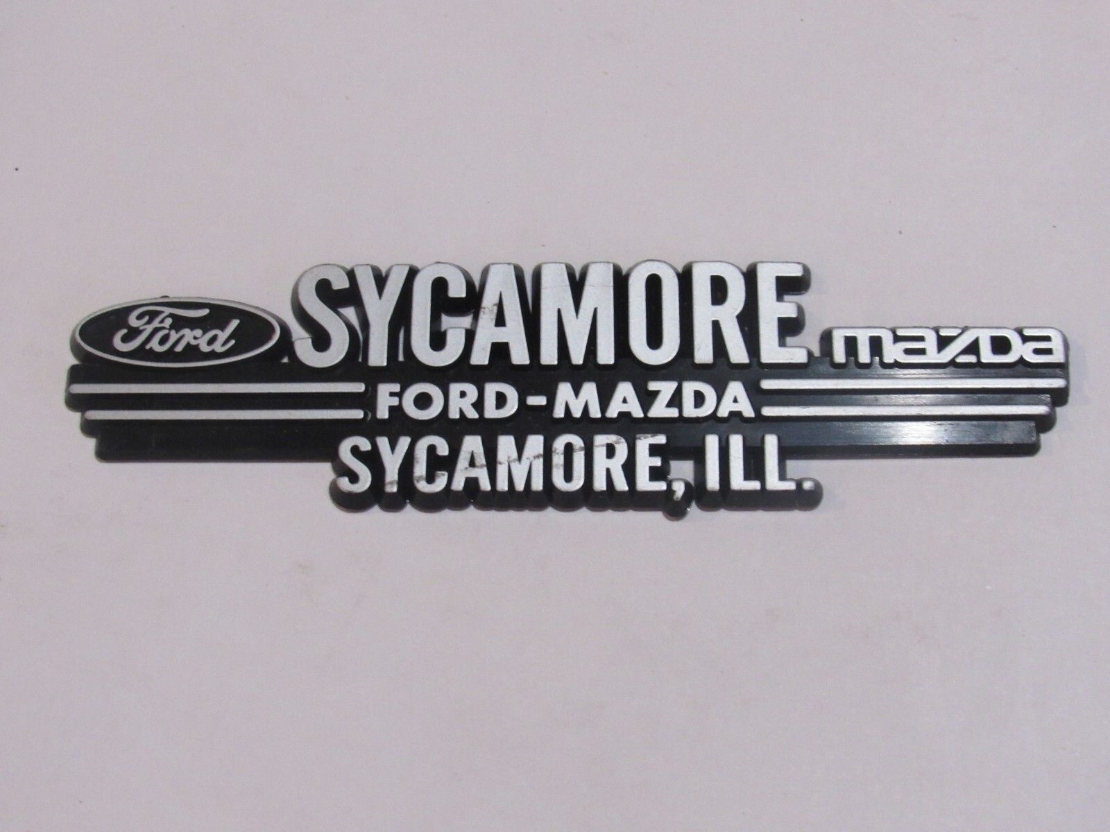 Vintage Sycamore Ford Mazda Illinois Plastic Dealer Badge Emblem Tag Trunk
