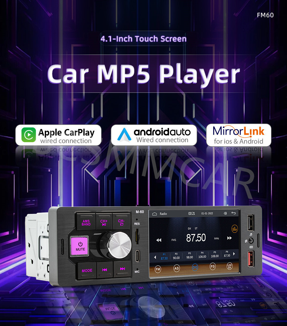 4.1in Car Radio Stereo Bluetooth Single 1Din CarPlay Android Auto TF/AUX/USB/FM