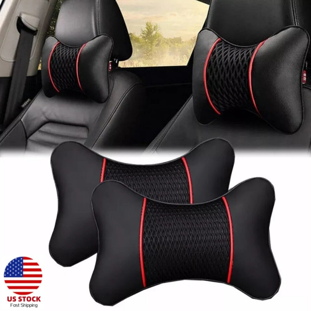 2Pcs Car Headrest Pillow PU Leather Neck Support Pillow For Driving Travel Black