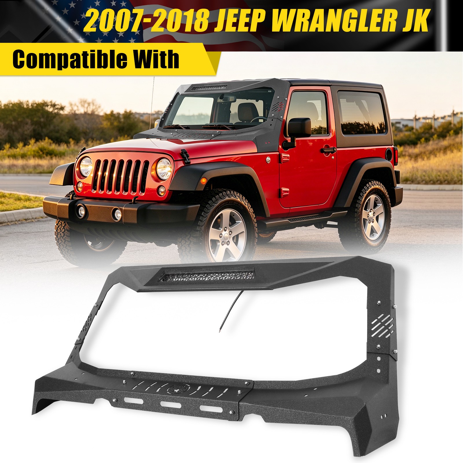 Steel Windshield Frame Cover Visor Cowl w/ LED Lights For 07-18 Jeep Wrangler