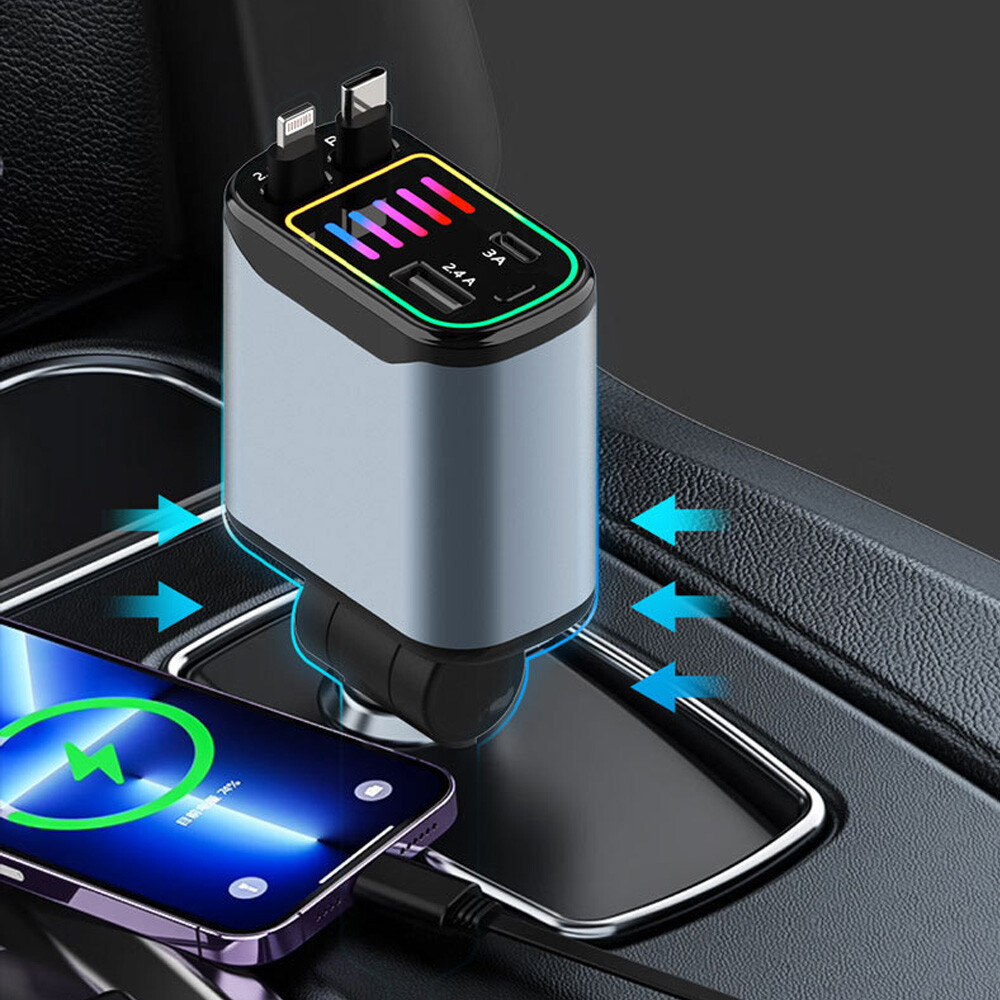 4 in 1 Retractable Vehicle Car Cigarette Lighter Adapter USB Type C Fast Charger