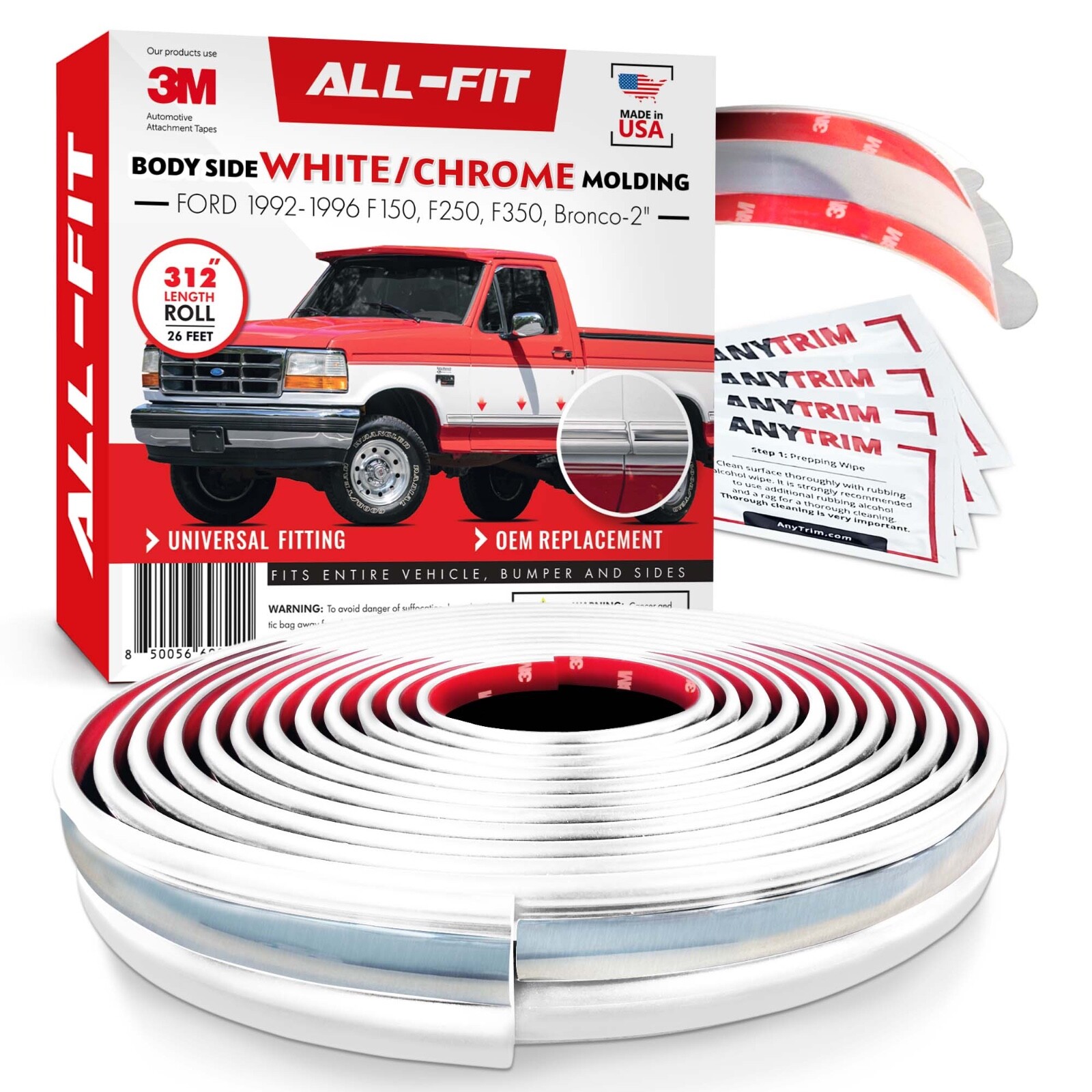 ALL-FIT WHITE Replacement Side Molding Trim Old Body Style 92-96 Ford Truck OBS