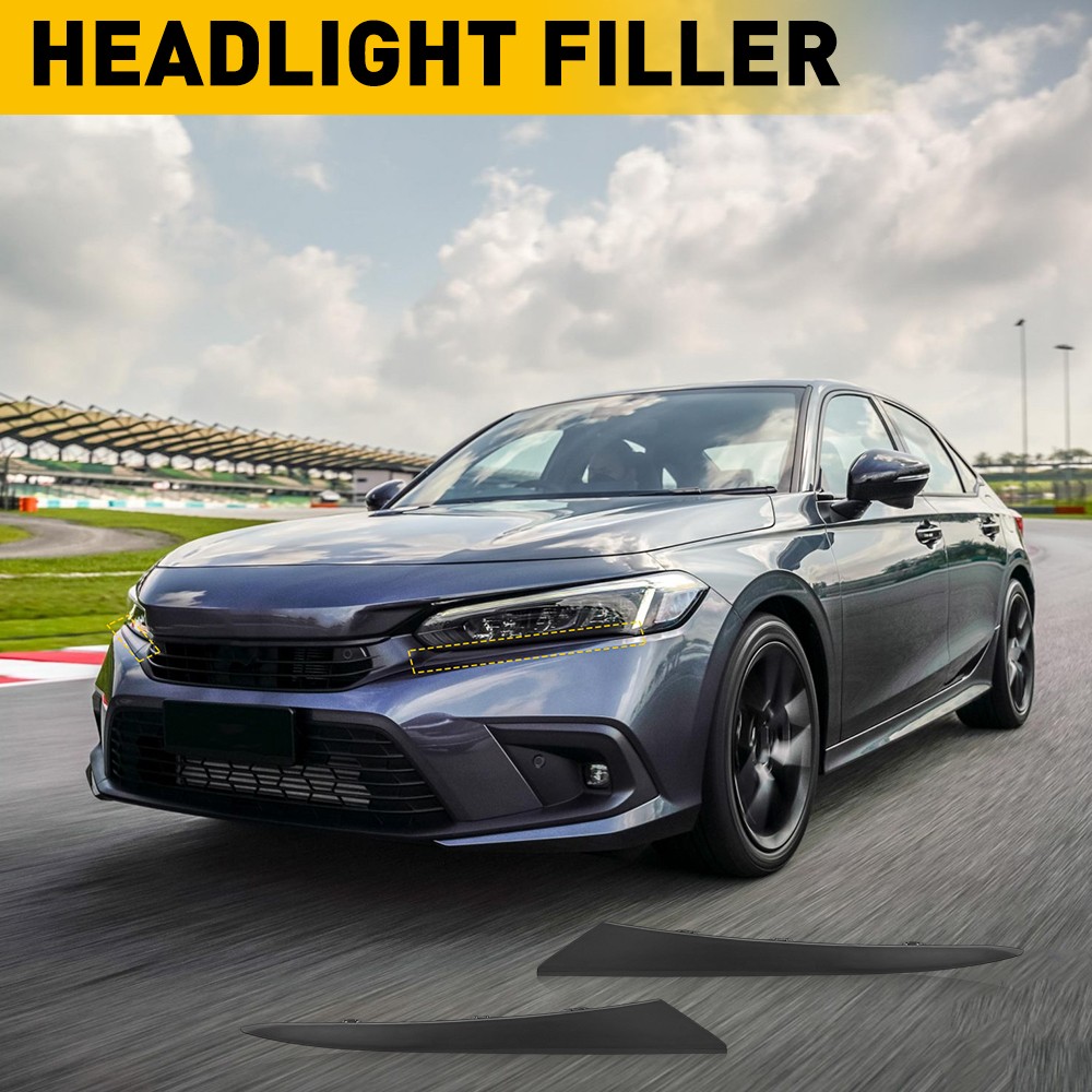 For 2022 2023 Honda Civic Glossy Black Front Headlight Trim Eyelid Moldings Pair