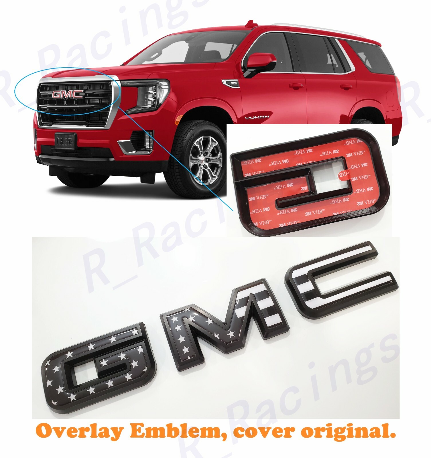 Front Only Black USA Flag Emblem Overlay Fit 2021-2023 GMC Yukon Yukon XL