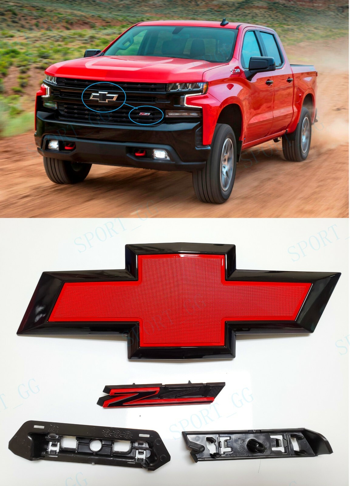 New 2019-2021 Silverado 1500 Bowtie Front Grille Z71 Emblems Black Red