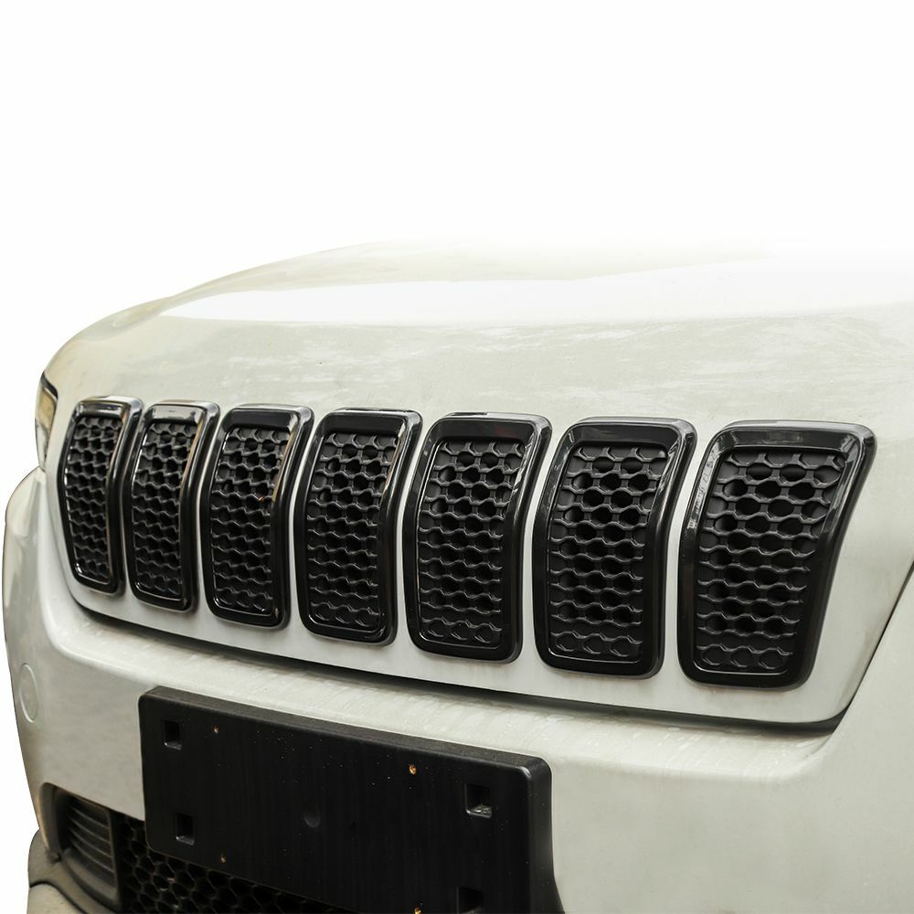 7PCS Front Grille Mesh Insert Decor Ring Trim Black ABS For Jeep Cherokee 2019+