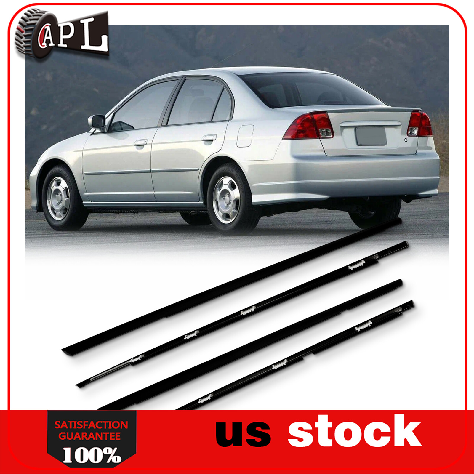 4Pack For 2001-2005 Honda Civic Door Weather Strip Window Belt Seal Molding Trim