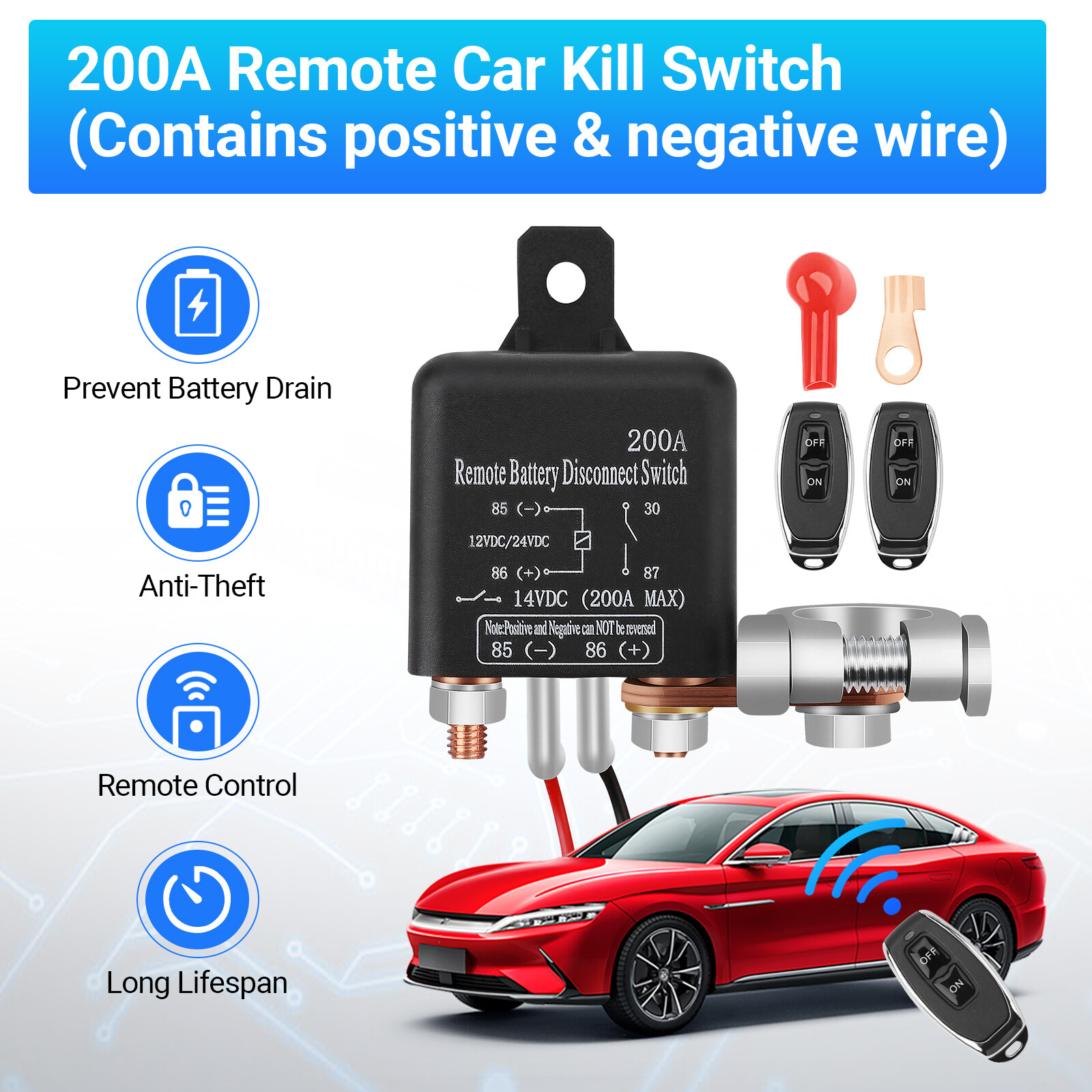 Dual Wireless Car Remote Battery Disconnect Relay Kill Master Cut-off Switch 12V