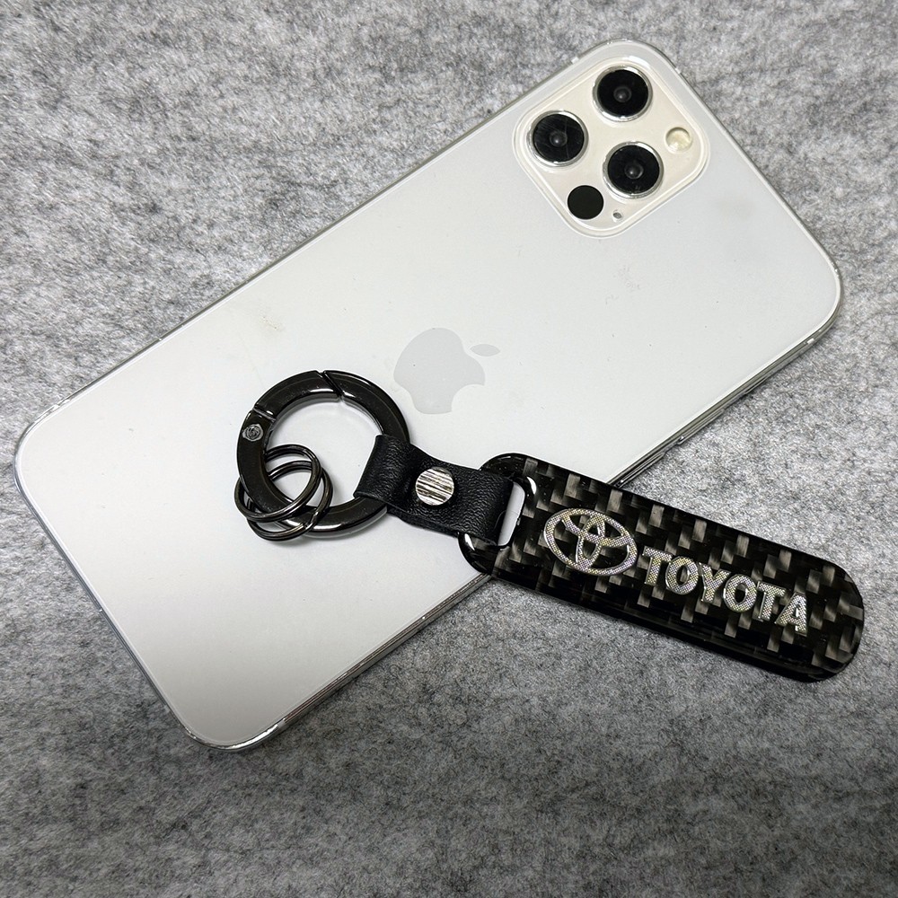 Real Carbon Fiber+ Black Leather Keychain Car Key Fob Key Ring for Toyota