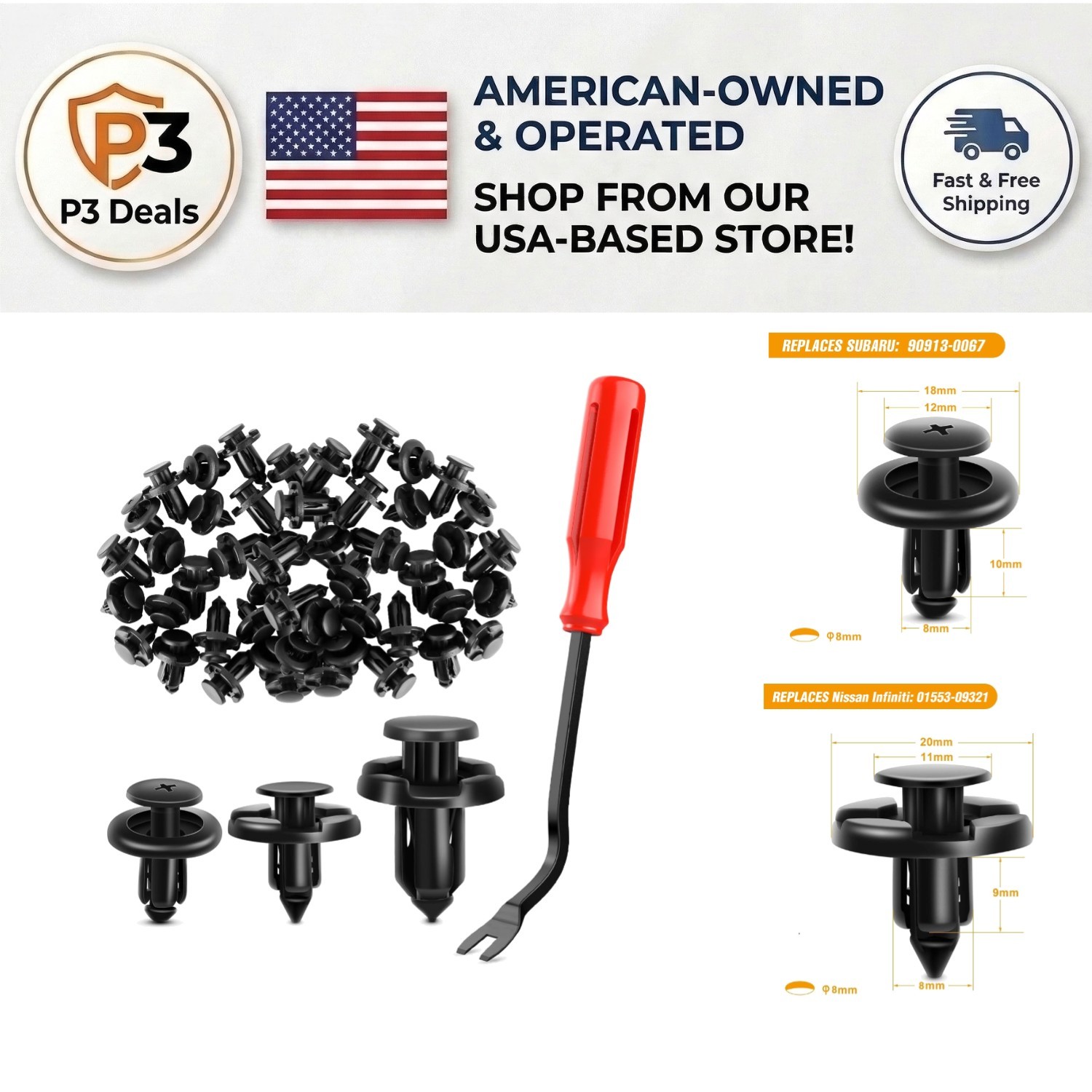 Gooacc 100PCS Subaru Push-Type Rivets & Clips with Fastener Remover Included