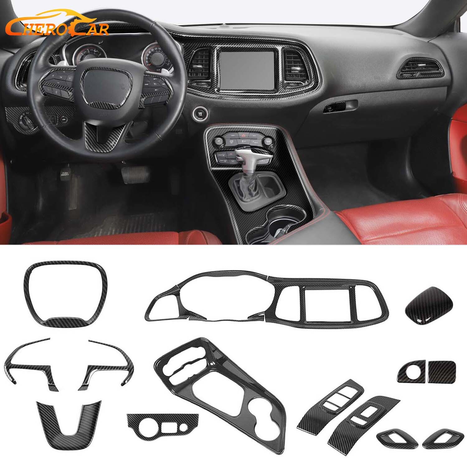 17PCS Center Decor Cover For Dodge Challenger 2015-2023 Carbon Fiber Accessories