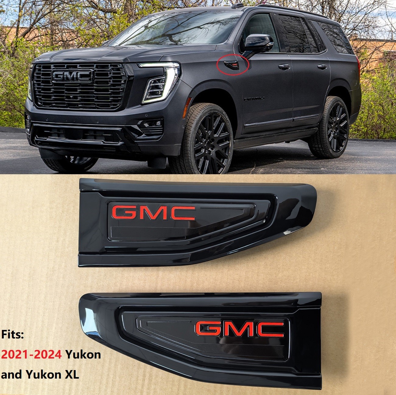 OEM 2021-2024 GMC Fender Vent Emblem Badge for Yukon / Yukon XL Gloss Black Red