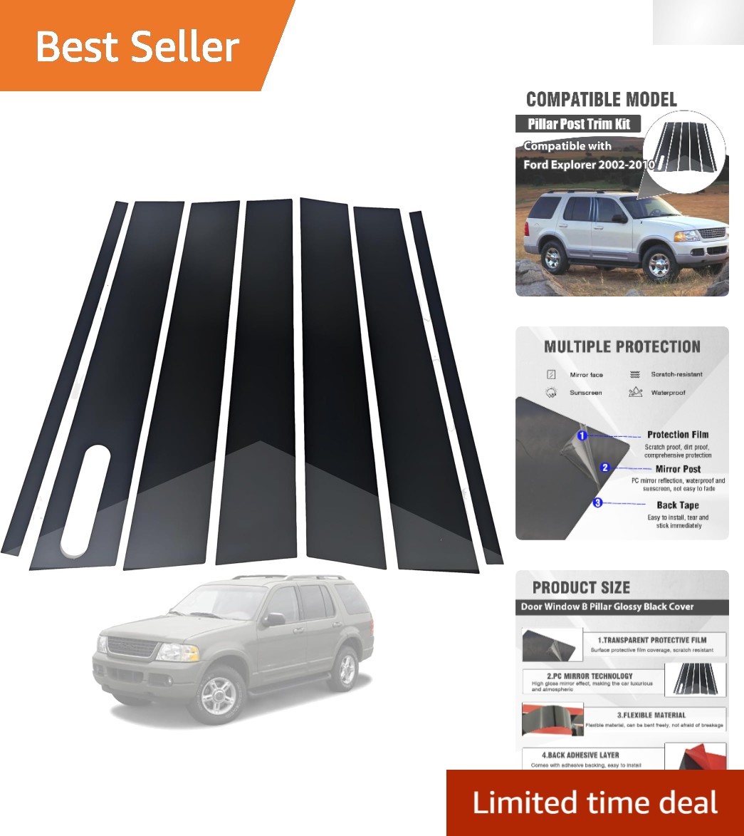 7PCS Glossy Black Door Window B Pillar Trim Kit for F-ord Explorer 2002-2010