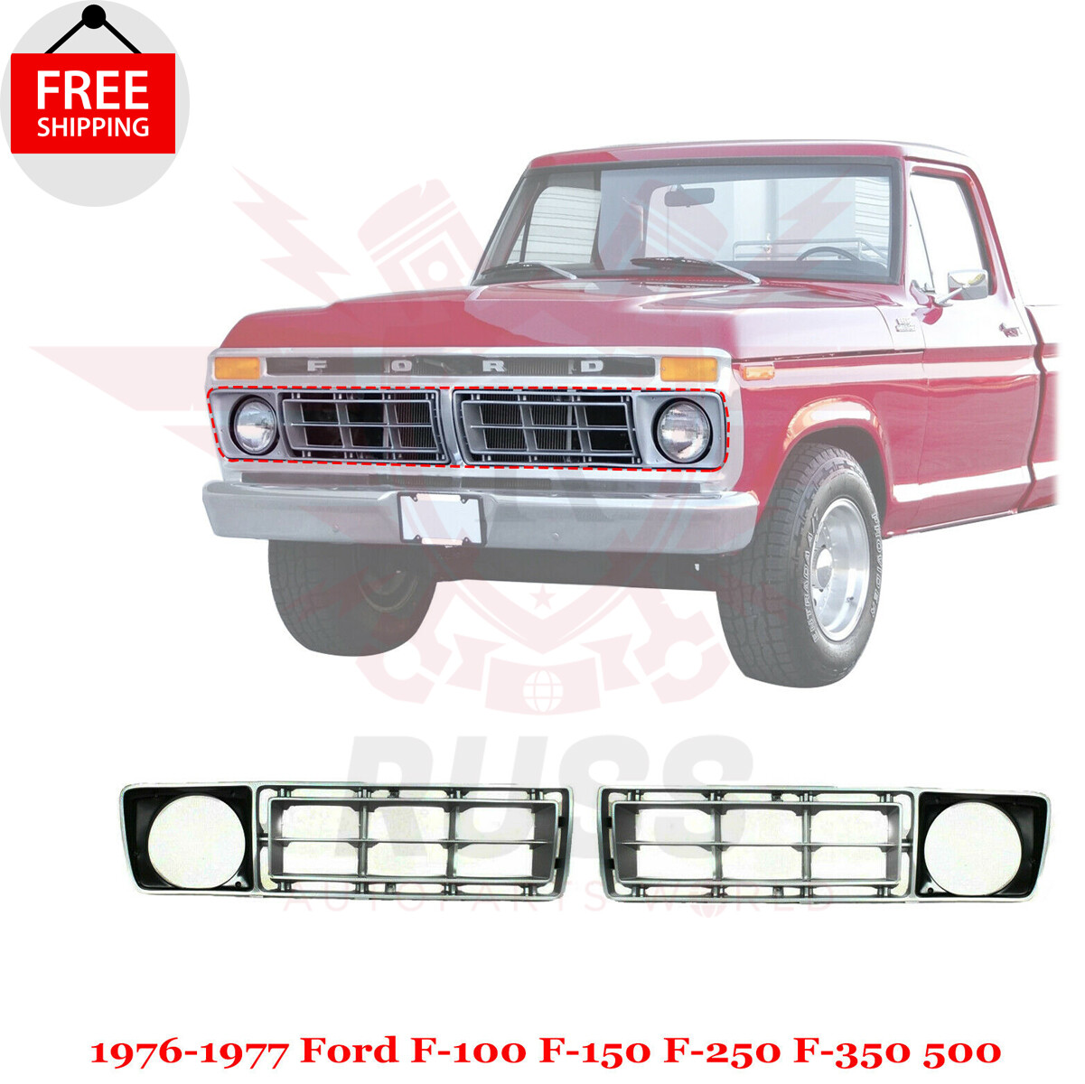Front Grille Silver Plastic Right & Left For 76-77 Ford F-100 F-150 F-250 F-350