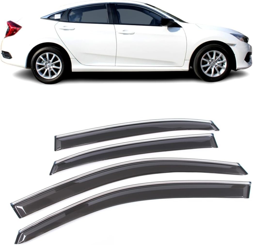 Window Visor Rain Guard Chrome Trim Smoke Tinted Fit Honda Civic Sedan 2016-2021
