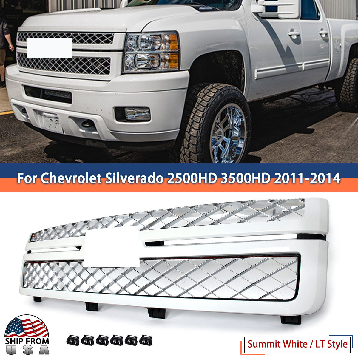 Grille Assembly For 2011-14 Chevrolet Silverado 3500 2500 HD Summit White Chrome