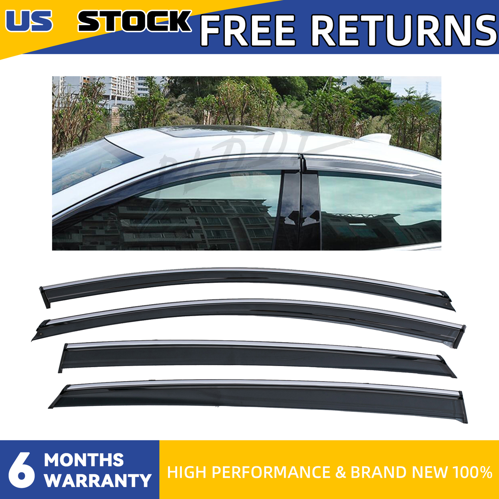 4x Smoke Tint w/ Chrome Trim Vent Shade Window Visors Fit 16-22 Chevy Malibu