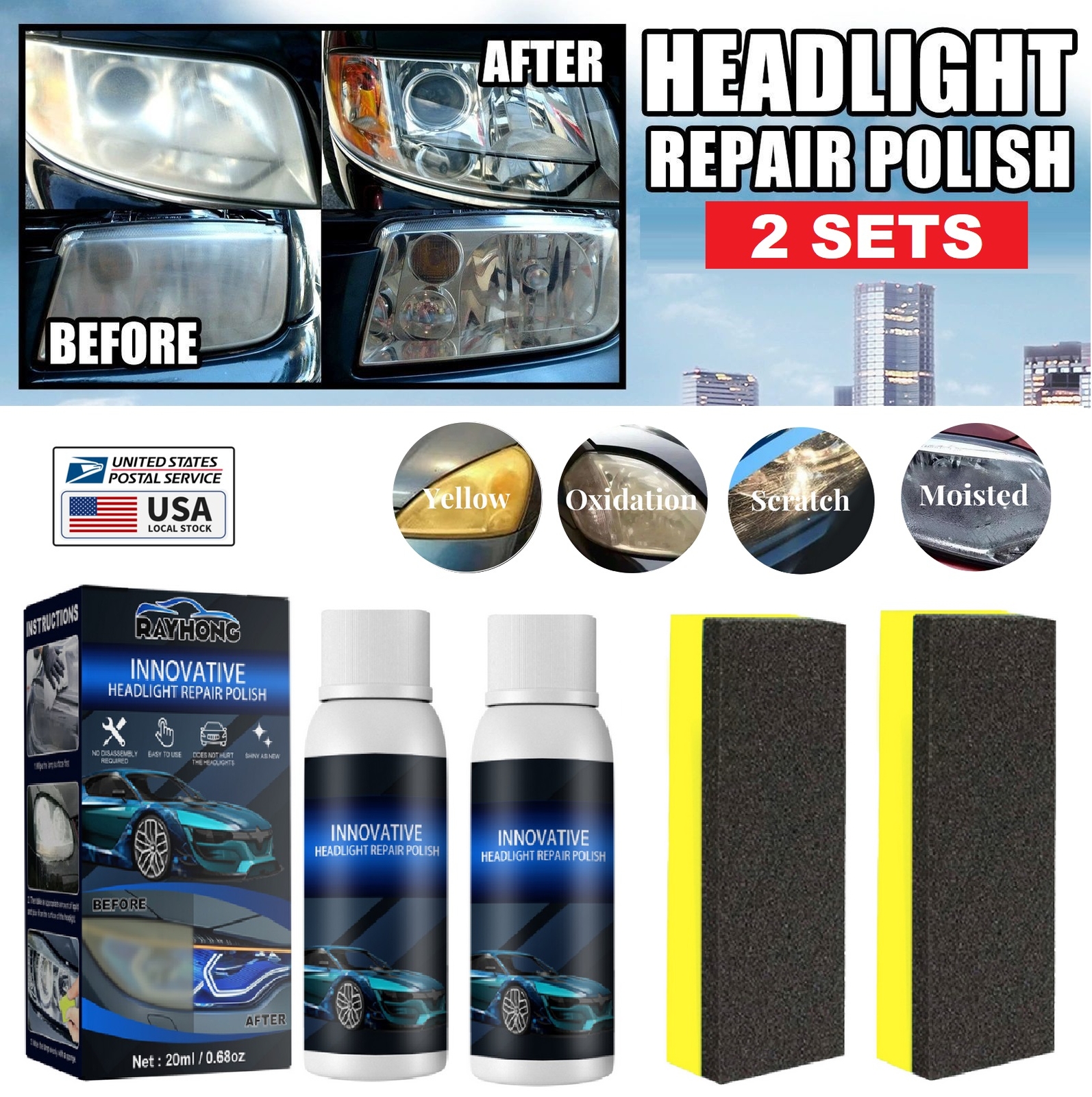 2Sets Innovative Headlight Repair Polish Fluid Liquid Kit-Car Lamp Renovation US
