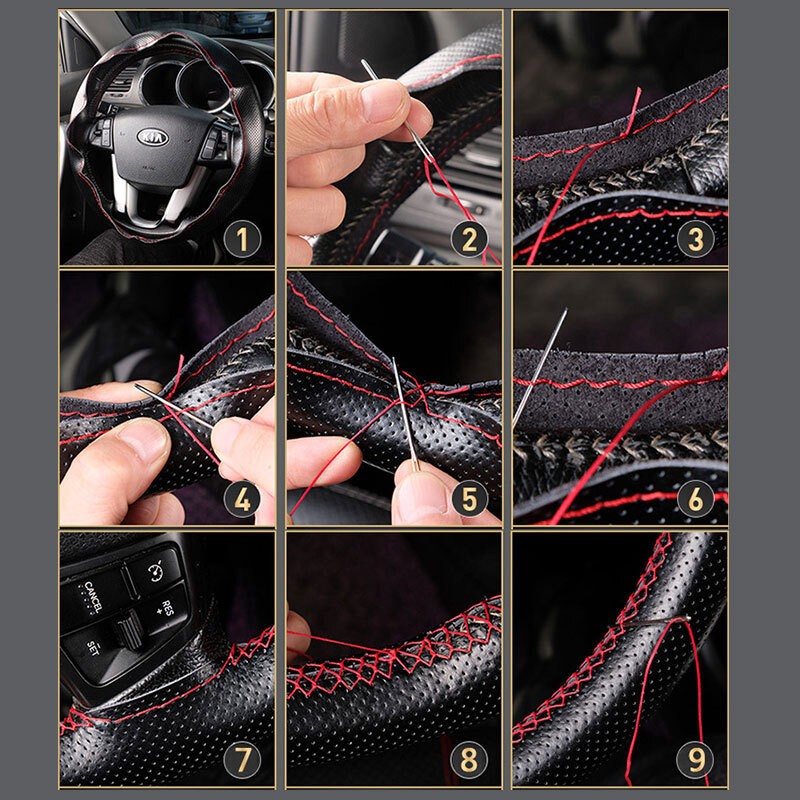 15″/38cm Car Steering Wheel Cover Needle Thread AntiSlip Leather Black