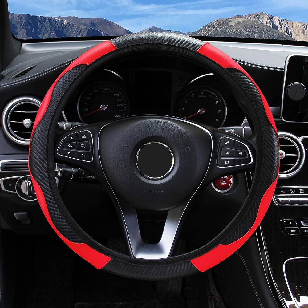 Black & Red Carbon Fiber Leather Steering Wheel Cover Car Interior Accessories