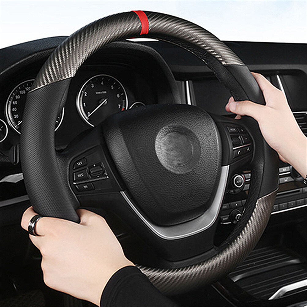 15” Car Steering Wheel Cover Carbon Fiber Perforated Leather，Universal Interior