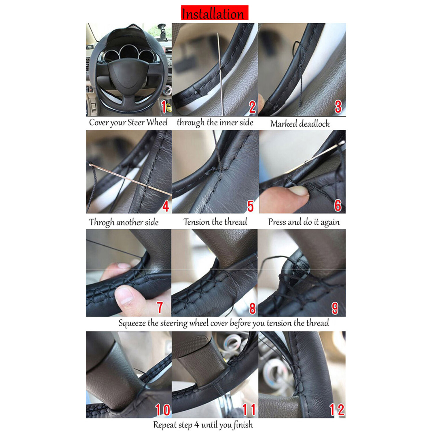 DIY Hand Sewing Fine Leather Auto Car Steering Wheel Cover W/ Needle & Thread US