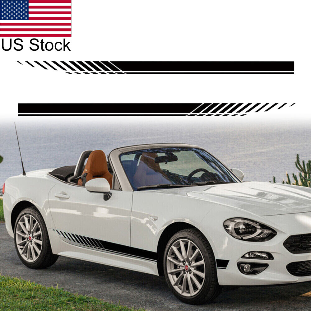 2pcs 75” Black Sport Racing Stripe Side Skirt Stickers For Fiat 500 124 Spider