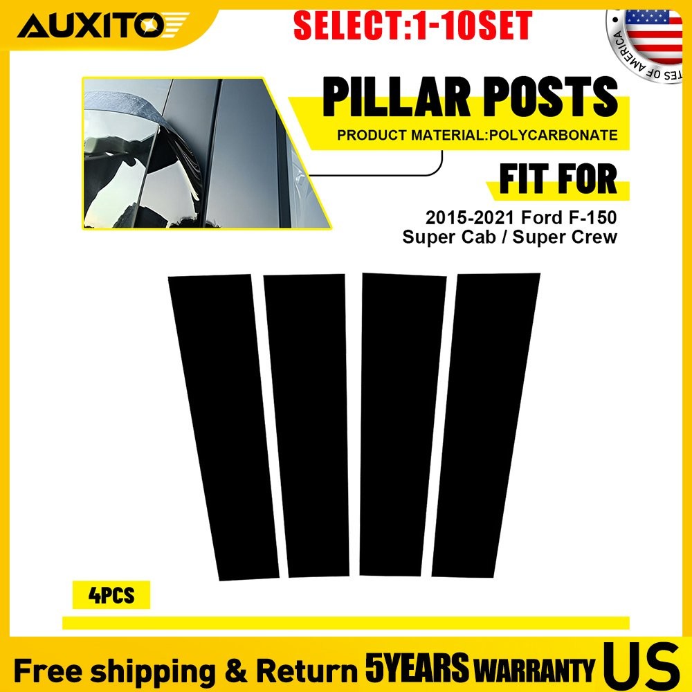 PC Gloss Black Window B Pillar Covers For Ford F150 SuperCrew 2015-2021 4-40X