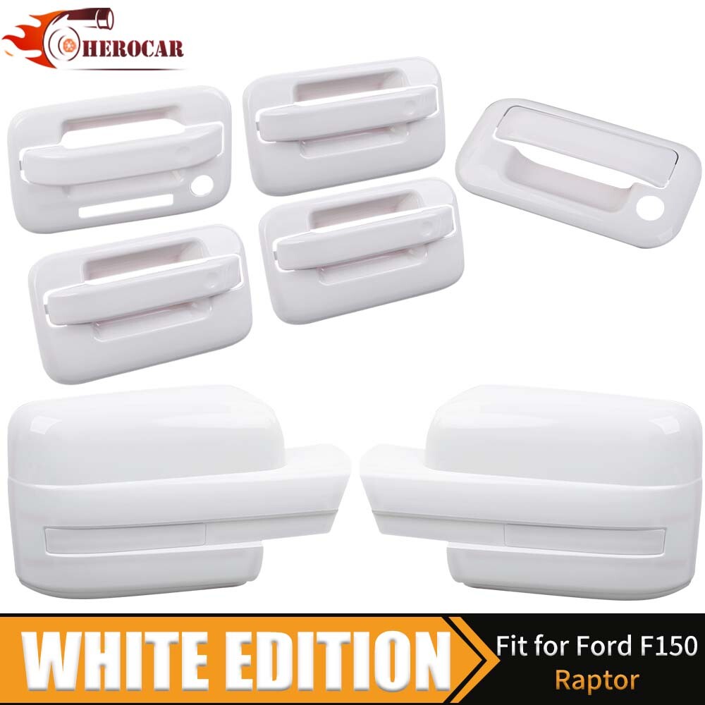 For 2009-2014 Ford F150 Oxford White 4 Door Handle COVERS w/PSK+Mirrors+Tailgate