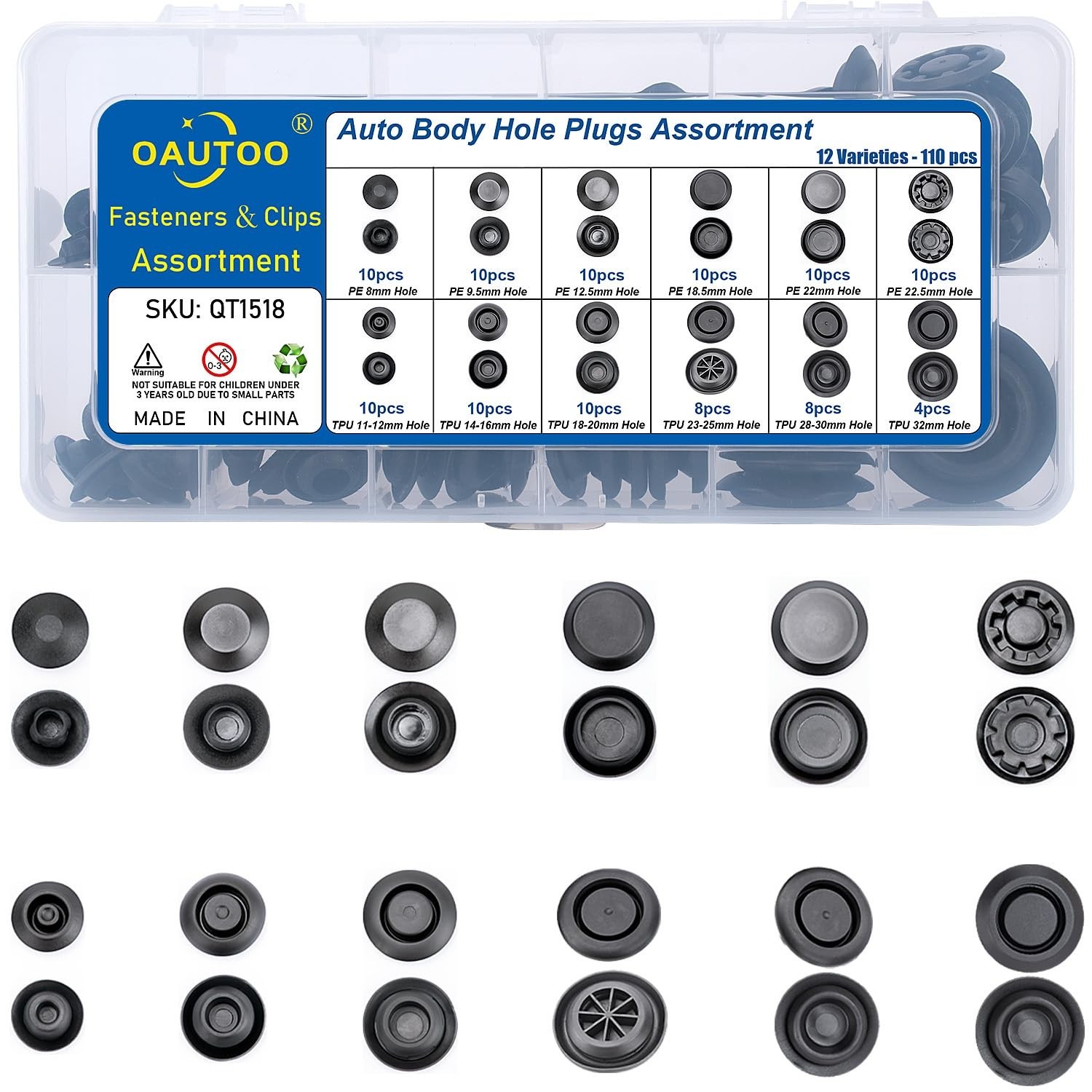 110pcs Auto Body Hole Plugs Kit – Flush Mount Black Plastic Assortment for Metal