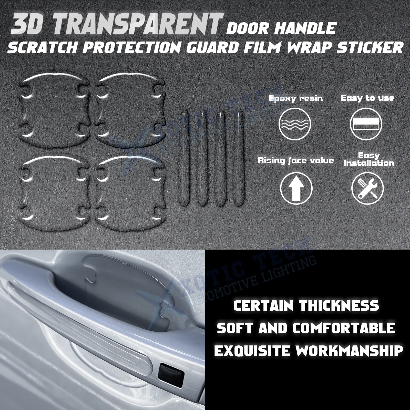 8PCS Epoxy Resin Transparent 3D Car Door Handle Bowl Protect Decal Universal Fit