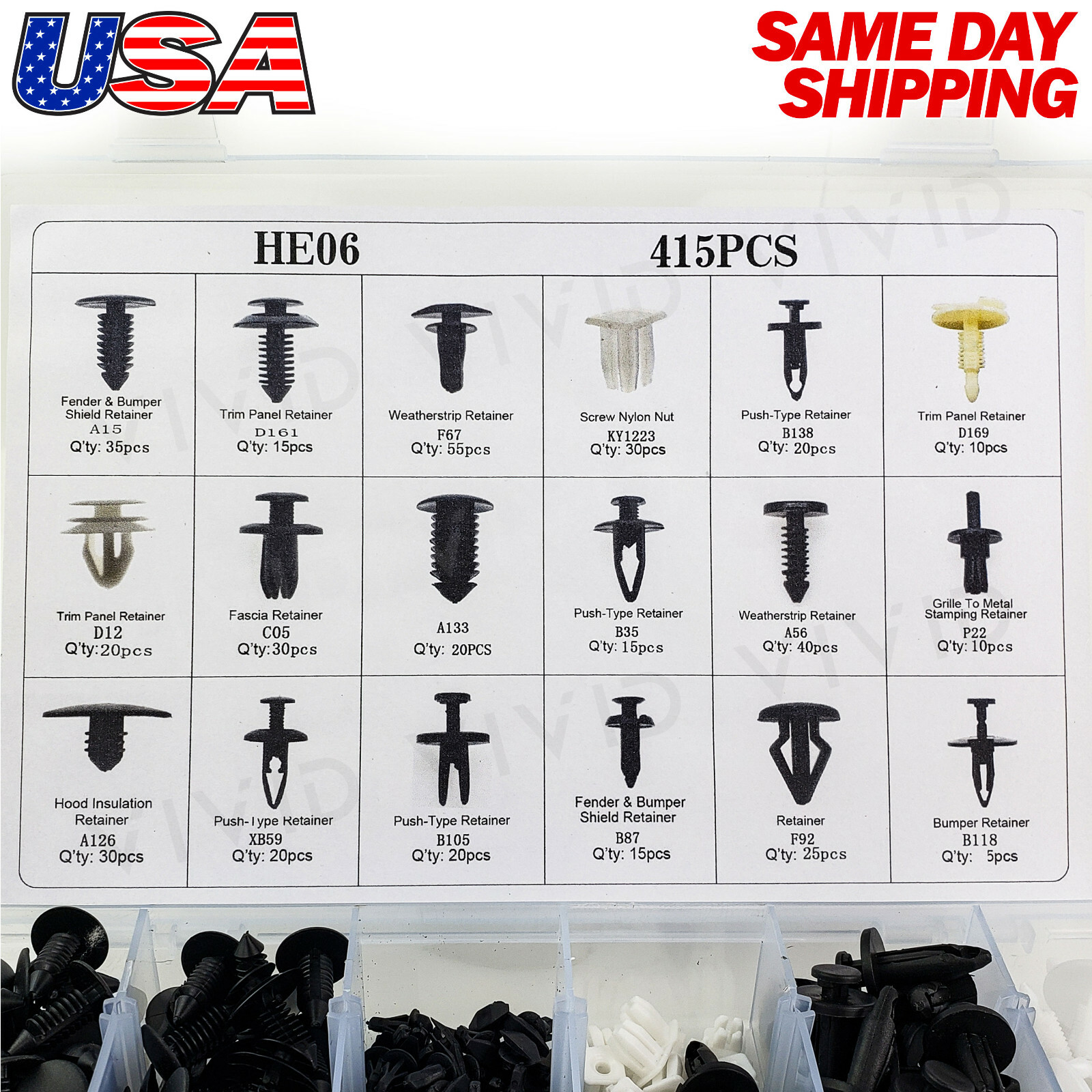 415pc Plastic Rivets Fastener Fender Bumper Push Clips + Removal Tool for GM GMC