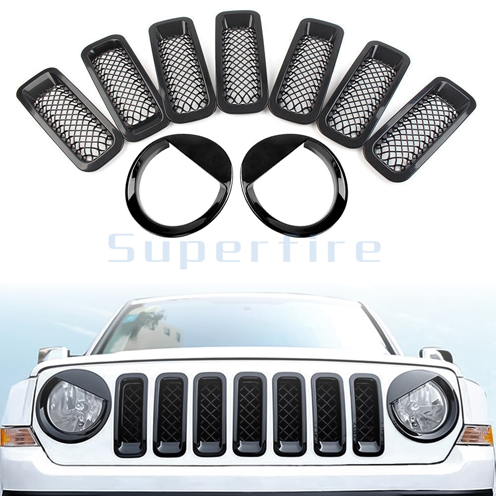 Front Grille Mesh Insert & Angry Bird Headlight Cover Trim Fit Jeep Patriot (9X)