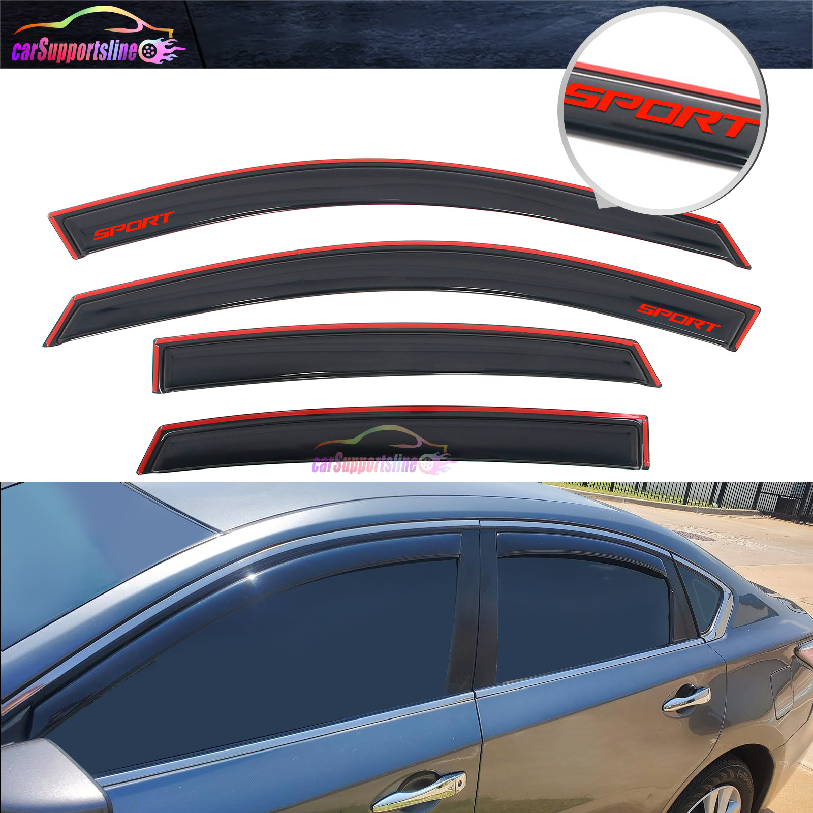 For 13-18 Nissan Altima Sedan In-Channel Window Visor Guard Shade w/ Red Sport