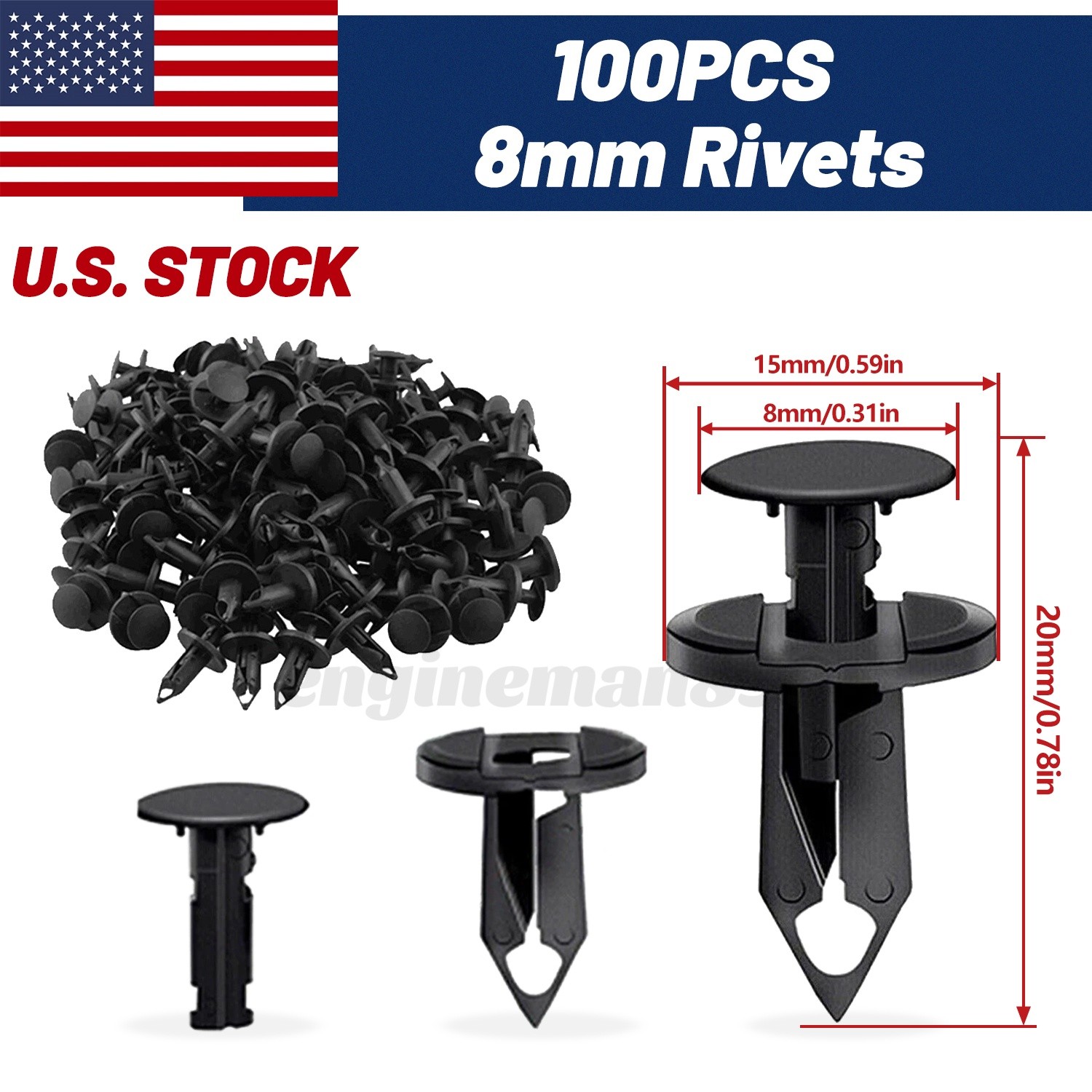 100Pcs 8mm Bumper Clips Auto Car Hole Retainer Rivets Fastener Fender Push Pin