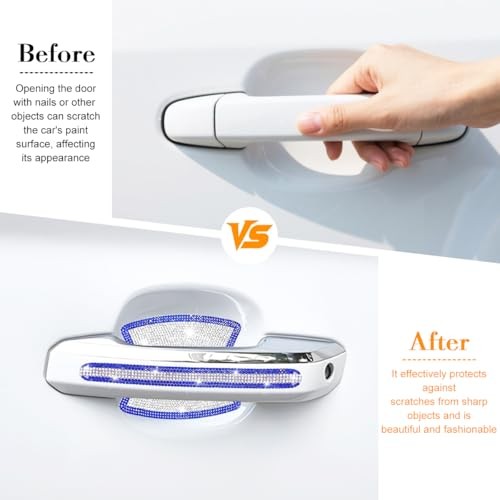 8PCS Blue White Rhinestone Car Door Handle Bowl Protectors Anti-Scratch Decals