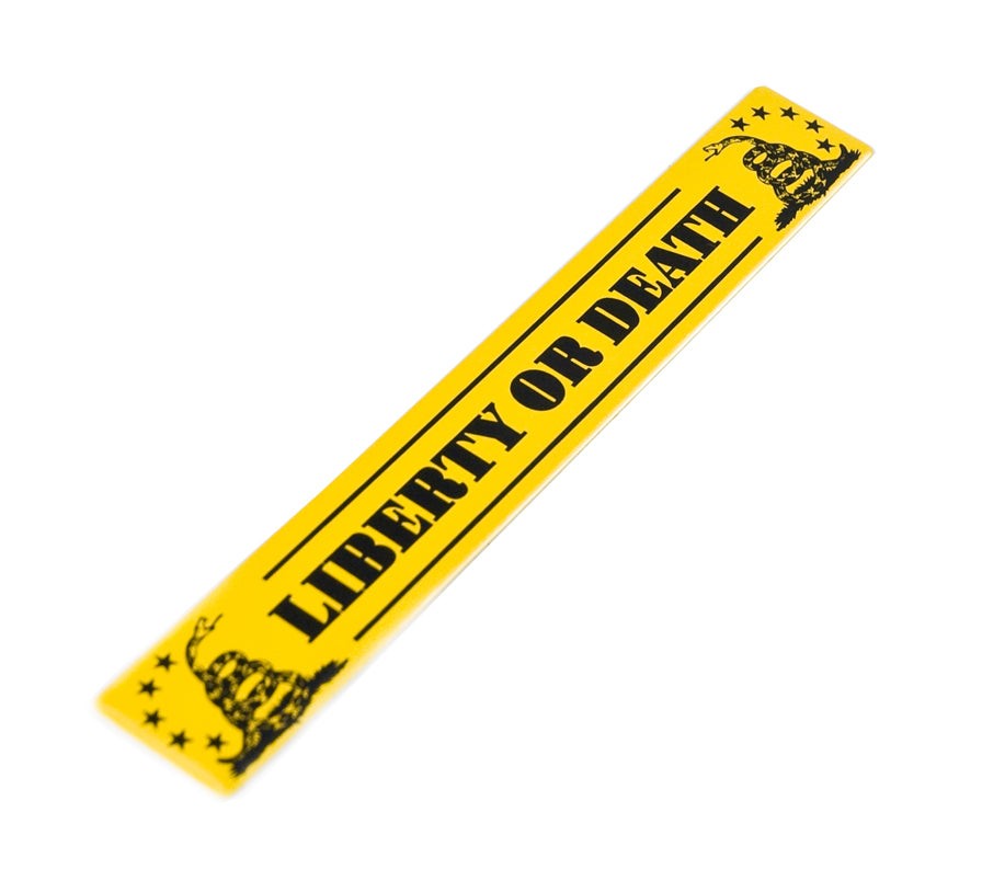 Liberty or Death Gadsden Flag 5 3/4″ x 3/4″ Yellow Aluminum Metal Emblems Pair