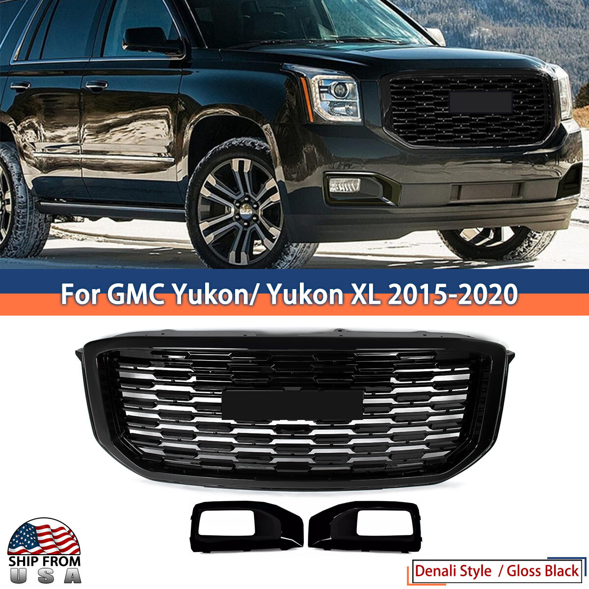 For GMC Yukon/ Yukon XL 2015-20 Denali Style Front Bumper Grille Fog Light Cover