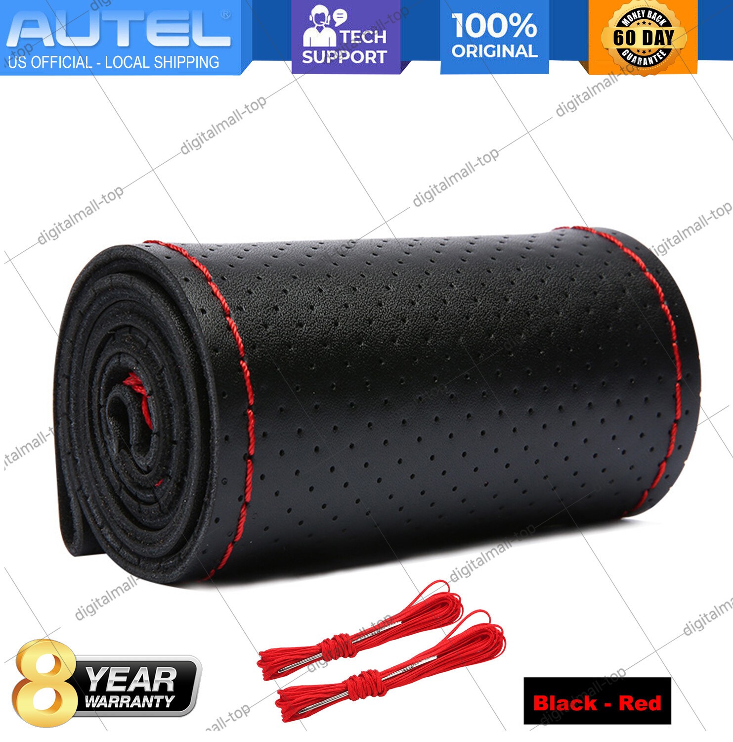 15″/38cm Car Steering Wheel Cover Needle Thread AntiSlip Leather Black