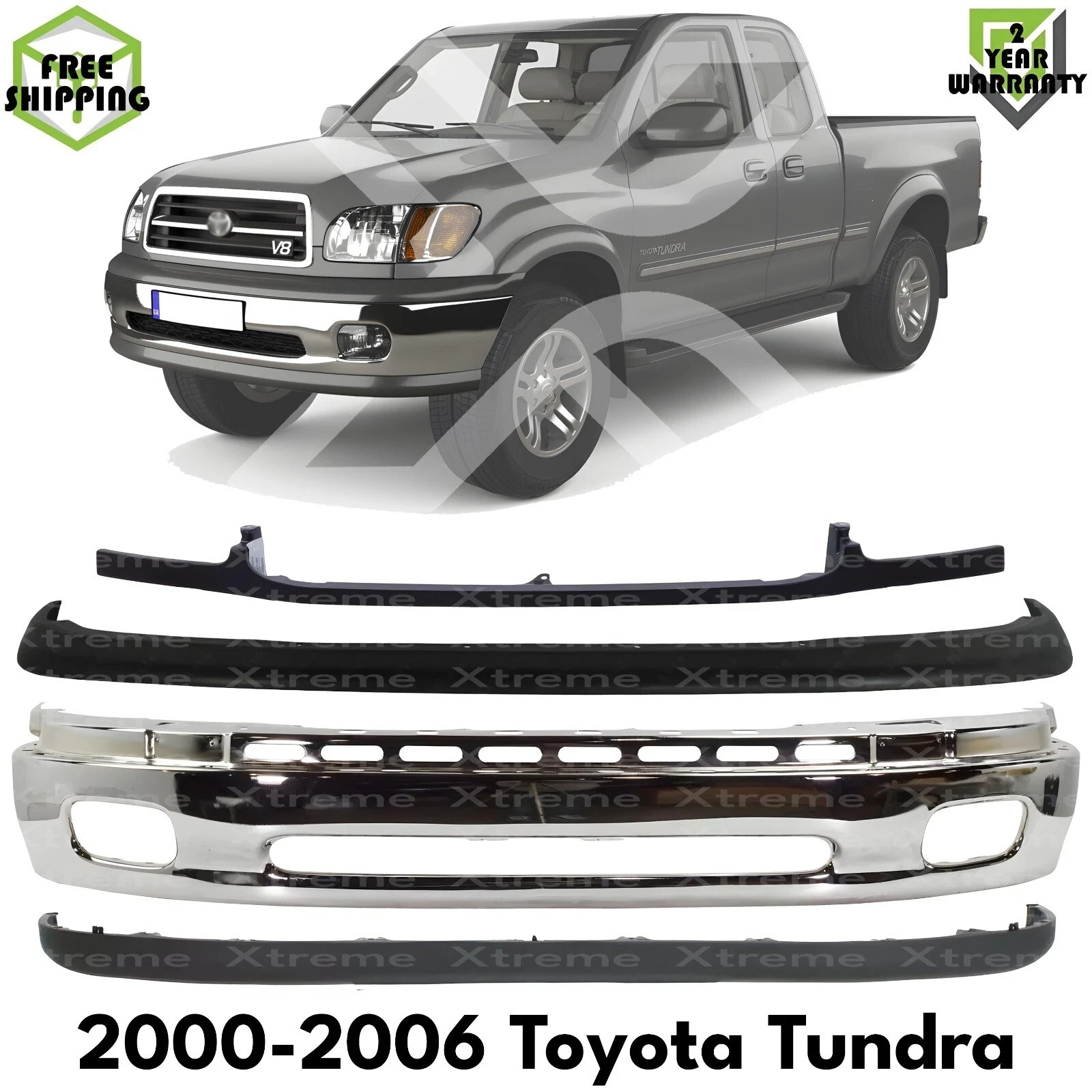 Front Bumper Chrome Steel & Bumper Trim Primed Kit For 2000-2006 Toyota Tundra