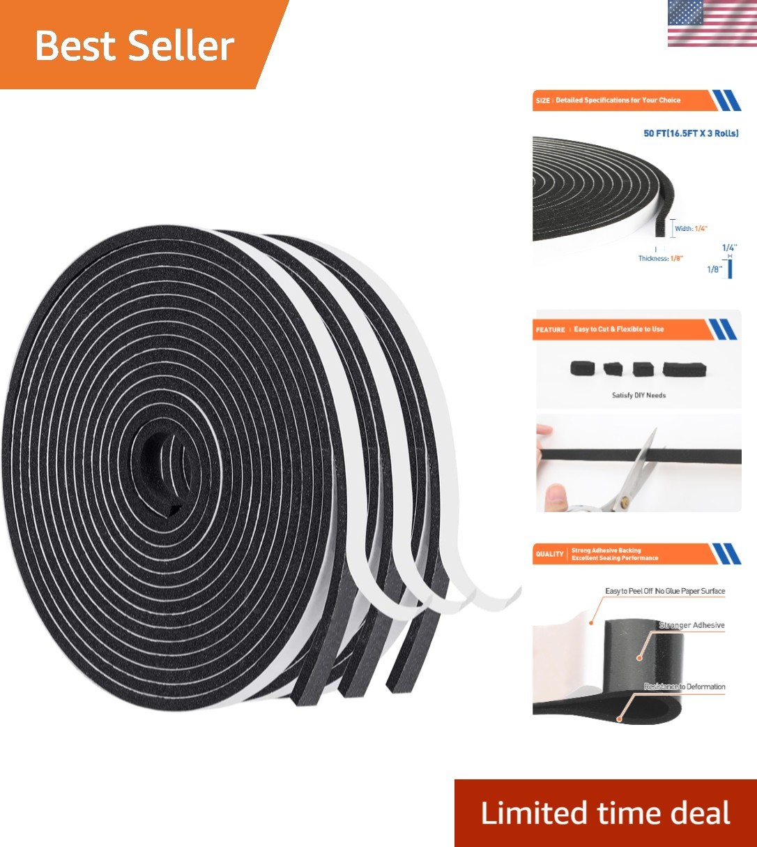 3 Rolls Black Weather Stripping Foam Seal – 1/4″ W x 1/8″ T, Soundproof Tape